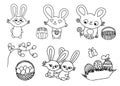 Cute Easter bunny set, rabbits with egg and cupcake. Line art. Vector on a white background Royalty Free Stock Photo