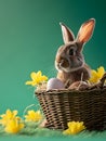 Easter Bunny Sitting in Basket With Eggs. Generative AI