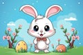 Cute Easter bunny together with happy kids Comic Style - stock picture