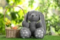 Cute Easter bunny toy and wicker basket with dyed eggs Royalty Free Stock Photo