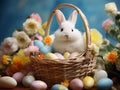 A cute Easter bunny in a wicker basket. Painted chicken eggs, spring flowers. AI Royalty Free Stock Photo
