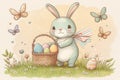 Cute Easter card. Easter bunny with wicker basket full of colorful eggs. AI generative cartoon illustration.
