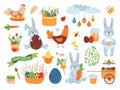 Cute easter cartoon elements. Garden animal, spring flowers decorations. Flat bunny and chicken, infant present seasonal