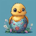 Cute Easter chick hatching from decorated egg surrounded by flowers Royalty Free Stock Photo