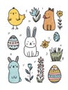 Cute Easter Collection Featuring Crayon Illustrations of a Chick, Bunny, Eggs, and Flowers Set in Bright Pastel Colors Royalty Free Stock Photo