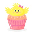 Cute Easter cupcake with baby chick head. Sweet muffin with cartoon chicken girl Royalty Free Stock Photo