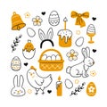 Cute Easter doodle set - bunny, basket, easter eggs, cakes, chicken, willow twigs and candles Royalty Free Stock Photo
