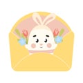 Cute Easter egg character with bunny ears jump out from yellow envelope with flowers