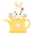 Cute Easter egg character with bunny ears in watering pot with flowers, design element for spring themed invitations Royalty Free Stock Photo