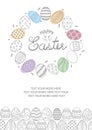 Cute Easter eggs in gray outline enclose text.