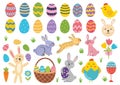 Cute Easter elements collection. Ester bunny, chicks, egg, basket and tulips Royalty Free Stock Photo