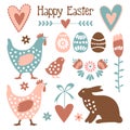 Cute easter elements set with eggs, hens, hare,flowers, s