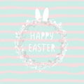 Cute Easter greeting card on a stripe background with wreath of willow, rabbit. Wallpaper, flyers, web design, brochure Royalty Free Stock Photo