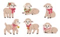 Cute Easter lambs set. Vector collection of spring sheep with bows and flowers. Royalty Free Stock Photo