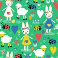 Cute Easter Pattern With Bunnies, Sheep, Ladybugs, Hearts, Eggs And Flowers In Bright Colors. Seamless Vector Holiday Background.