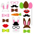 Cute Easter photo booth props as set of party graphic elements of easter bunny costume as mask, ears, eggs, carrot etc Royalty Free Stock Photo