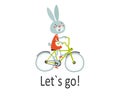 Cute Easter rabbit on bike goes for a walk. Children card, sticker, party invitation, print for baby clothes Royalty Free Stock Photo