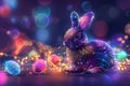 Cute Easter rabbit with decorated eggs on magic field with colorful neon lights. Little bunny in the meadow Royalty Free Stock Photo