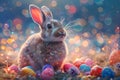 Cute Easter rabbit with decorated eggs on magic field with colorful neon lights. Little bunny in the meadow Royalty Free Stock Photo