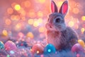 Cute Easter rabbit with decorated eggs on magic field with colorful neon lights. Little bunny in the meadow Royalty Free Stock Photo