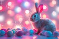 Cute Easter rabbit with decorated eggs on magic field with colorful neon lights. Little bunny in the meadow Royalty Free Stock Photo