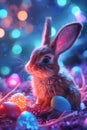 Cute Easter rabbit with decorated eggs on magic field with colorful neon lights. Little bunny in the meadow Royalty Free Stock Photo