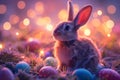 Cute Easter rabbit with decorated eggs on magic field with colorful neon lights. Little bunny in the meadow Royalty Free Stock Photo