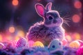 Cute Easter rabbit with decorated eggs on magic field with colorful neon lights. Little bunny in the meadow Royalty Free Stock Photo