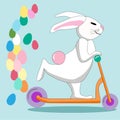 Cute Easter rabbit ride on a scooter and many eggs colors. Vector illustration.