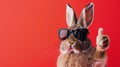 Cute easter rabbit with sunglasses, giving thumb up, isolated on red background with copy space, greetings card Royalty Free Stock Photo