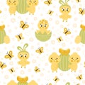 Cute Easter seamless pattern with chicks with eggs and butterflies on white background Royalty Free Stock Photo