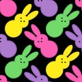 Cute Easter seamless pattern design with funny cartoon characters of bunnies in 80s and 90s style neon colors