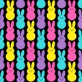 Cute Easter seamless pattern design with funny cartoon characters of bunnies in 80s and 90s style neon colors