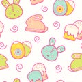 Cute Easter seamless pattern with Easter eggs, rabbit, Easter bunny and Easter cakes