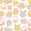 Cute Easter seamless pattern with Easter eggs, rabbit, Easter bunny and Easter cakes
