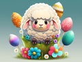 Cute easter sheep with easter eggs, and pink and blue flowers