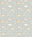 Cute Easter Theme Vector Pattern. Lovely Hand Drawn Rabbits and Hens.