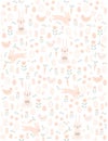 Cute Easter Theme Vector Pattern. Lovely Hand Drawn Rabbits and Hens on a White Background.