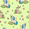 Cute easter unicorn and rabbit vector seamless pattern