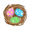 Cute Easter vector illustration. 3 colorful eggs in birds nest. Pink, blue and green egg in a brown nest. Bright print in flat