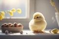 A Cute Easter yellow chicken in the white kitchen near a sunny window. Generative AI Royalty Free Stock Photo