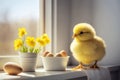 A Cute Easter yellow chicken in the white kitchen near a sunny window. Generative AI Royalty Free Stock Photo