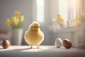 A Cute Easter yellow chicken in the white kitchen near a sunny window. Generative AI Royalty Free Stock Photo