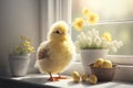 A Cute Easter yellow chicken in the white kitchen near a sunny window. Generative AI Royalty Free Stock Photo