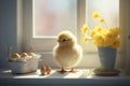 A Cute Easter yellow chicken in the white kitchen near a sunny window. Generative AI Royalty Free Stock Photo