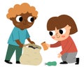 Cute eco friendly kids collecting waste. Boy and girl caring of environment, sorting rubbish. Earth day illustration. Ecological