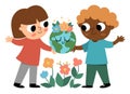 Cute eco friendly kids holding smiling earth in hands. Boy and girl caring of planet and environment. Earth day illustration.