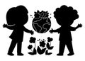 Cute eco friendly silhouette with kids holding earth in hands. Boy and girl caring of planet and environment. Earth day black