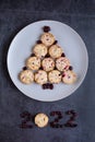 Cute edible Christmas tree made of cookies on a round plate on a grey dark background. Creative tree, figures 2022