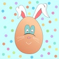 Cute egg rabbit on a blue background with polka dots. Easter holiday. Joyful character for children.